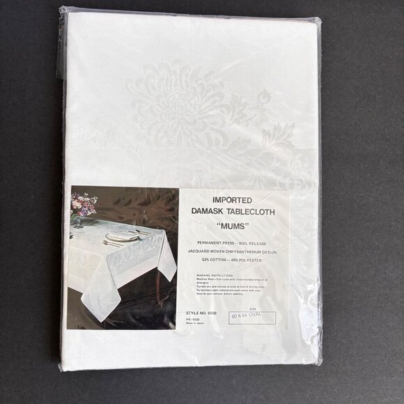 Vintage Damask Tablecloth "Mums" 60 X 84 Oval Jacquard White Japan New - Picture 1 of 4